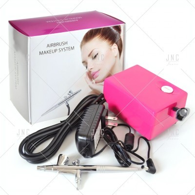 Sistema de maquilhagem airbrush com compressor rosa e aerógrafo metálico