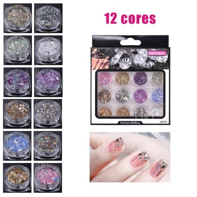 Conjunto de 12 caixas de glitter para decoração de unhas em várias cores numa embalagem preta com janela