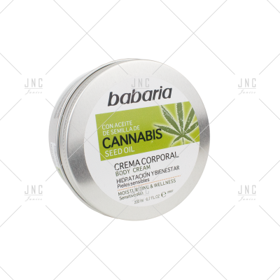 Creme corporal Babaria em embalagem metálica redonda com rótulo branco e verde