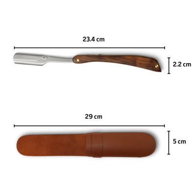 Navalha de barbear com cabo de madeira e estojo castanho de couro