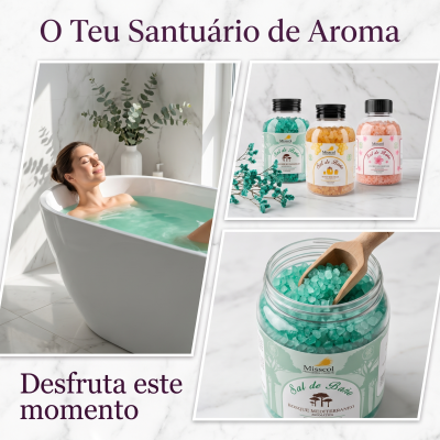 Mulher numa banheira relaxando e frascos de sal de banho Misscol em cores azul, amarelo e rosa