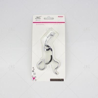 Anilhador de pestanas de metal cromado em embalagem branca com rosa