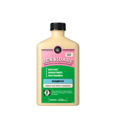 Frasco de champô Densidade com rótulo rosa, verde e branco, 250 ml