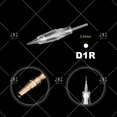 Agulha de tatuagem D1R transparente com detalhes e indicação de tamanho