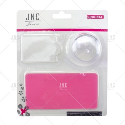 Conjunto de maquilhagem JNC Janico com esponjas e caixa rosa em embalagem de plástico