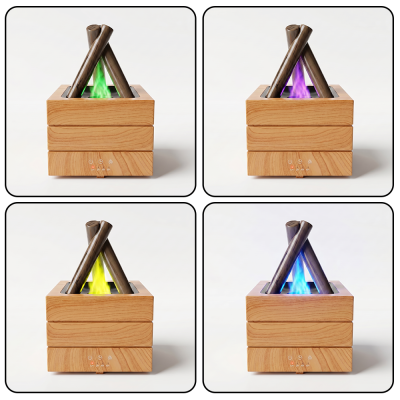 Aromatizador elétrico em madeira com luz de fogo colorida