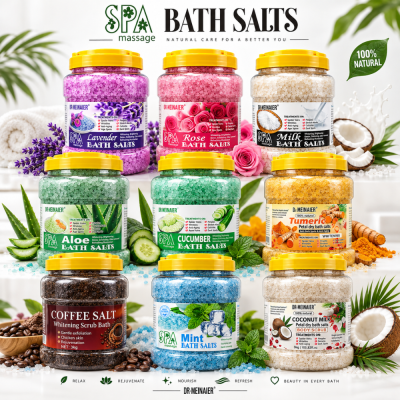 Frascos coloridos de sais de banho rotulados com diferentes aromas e ingredientes naturais
