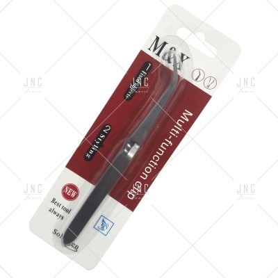 Pinça multifunções de metal com ponta curvada em embalagem blister