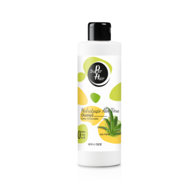 Frasco branco de champô Super Hair com rótulo verde e amarelo