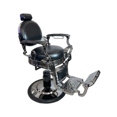 Cadeira de barbeiro vintage em metal cromado e couro preto com apoio de cabeça e pés