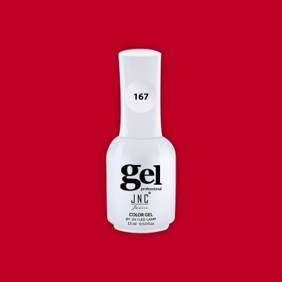 Frasco branco de verniz gel profissional JNC com número 167 na tampa, em fundo vermelho.