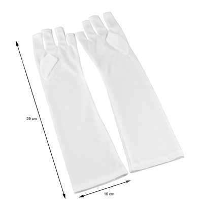 Par de luvas brancas sem dedos com medições