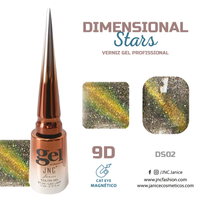 Frasco de gel para unhas com tampa cobre e rótulo branco com texto e efeito dimensional brilhante