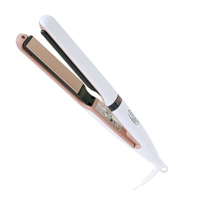 Prancha de alisar cabelo branca e rosa com placas cerâmicas douradas