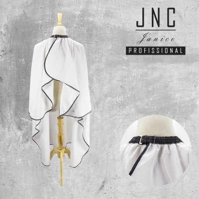 Capa de cabeleireiro branca com bordas pretas e fecho ajustável