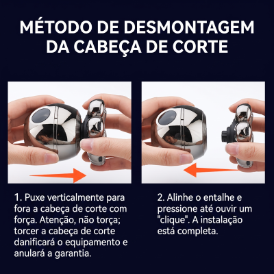 Instruções para desmontar cabeça de corte de máquina de barbear prateada