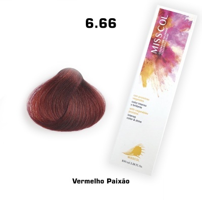 Tinta de cabelo MISS COL tom 6.66 Vermelho Paixão com amostra de cabelo sintético vermelho