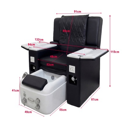 Cadeira de pedicure preta com base branca e medidas indicadas