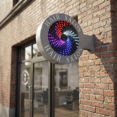 Placa redonda metálica HAIR SALON com luzes LED em espiral numa parede de tijolos vermelhos