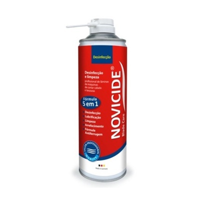Frasco de spray metálico vermelho e branco NOVICIDE formula 5 em 1