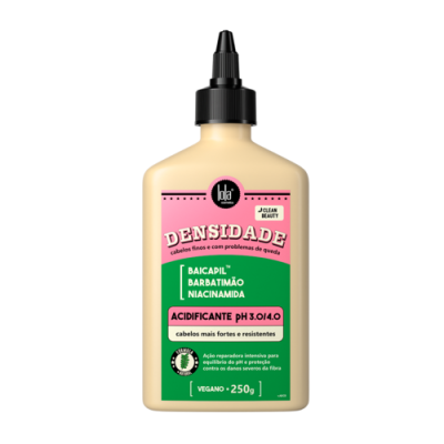 Frasco plástico bege com tampa preta e rótulo verde e rosa, produto capilar DENSIDADE com ingredientes e pH indicados.