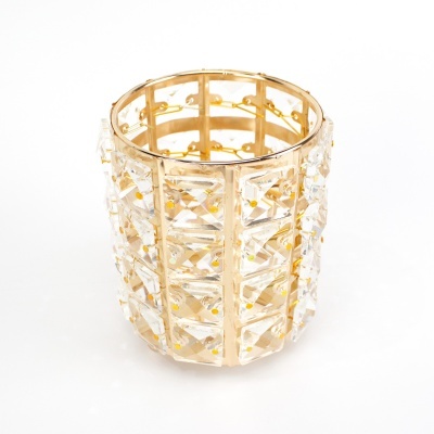 Porta-velas ou vaso decorativo metálico dourado com cristais facetados