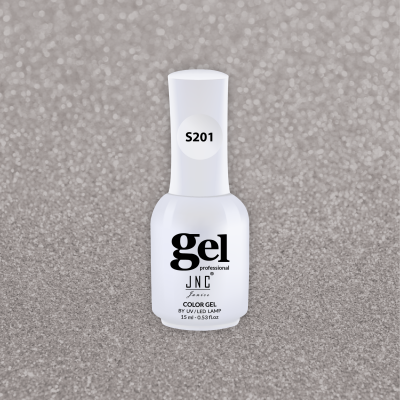 Frasco branco de verniz gel para unhas JNC Professional sobre fundo cinza texturizado