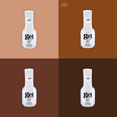 Quatro frascos de verniz gel JNC Professional numerados sobre fundos castanhos