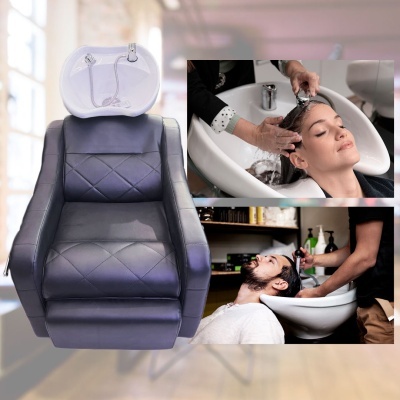 Cadeira para lavatórios de cabeleireiro em couro preto com pia branca