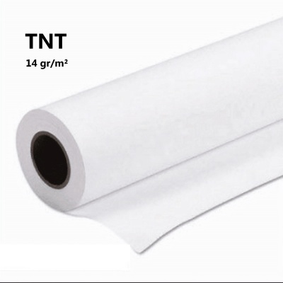 Rolo de tecido branco com texto TNT 14 gr/m²