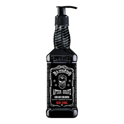 Frasco preto com doseador e rótulo preto com texto branco e vermelho After Shave Bandido