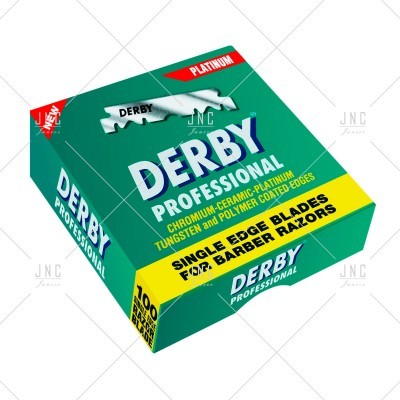 Caixa verde de lâminas Derby Professional com texto branco, amarelo e vermelho