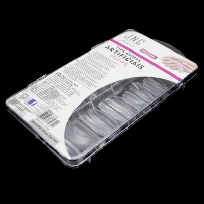 Emb. plástica com 100 unhas artificiais transparentes, marca JNC, texto em português.
