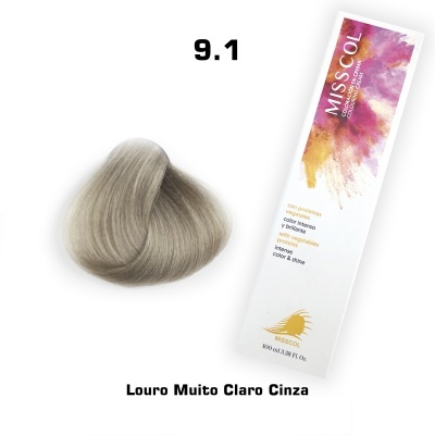Amostra de cabelo Louro Muito Claro Cinza e caixa de tinta de cabelo MISS COL