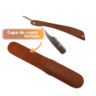 Navalha de barbear com cabo de madeira e capa em couro castanho