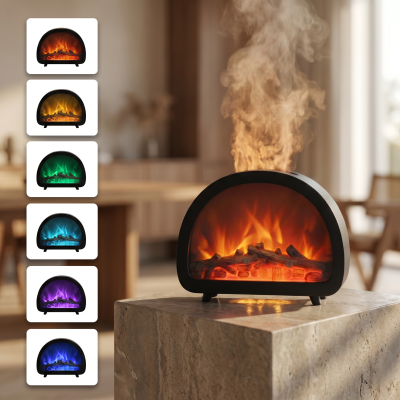 Humidificador elétrico em formato de fogueira com luzes LED coloridas em ambiente doméstico.