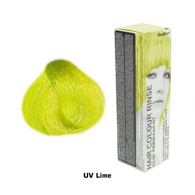 Corante de cabelo amarelo-limão UV Lime e embalagem branca e amarela.