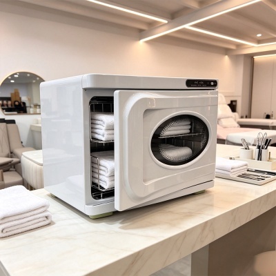 Esterilizador branco para toalhas com porta aberta e toalhas brancas dobradas dentro