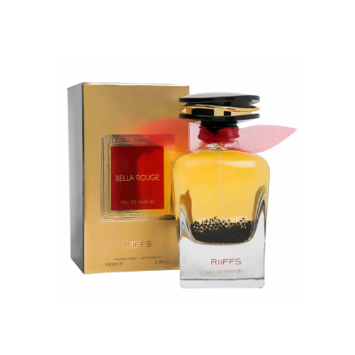 Frasco de perfume amarelo com caixa dourada e etiqueta vermelha