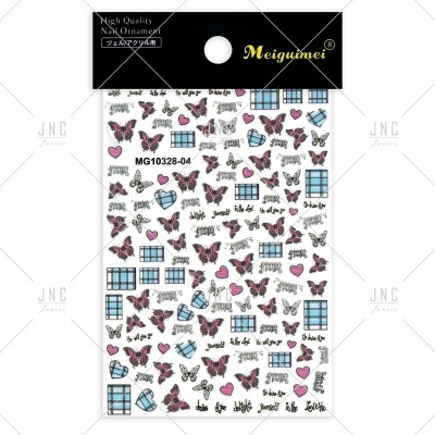 Autocolantes para unhas com borboletas, corações, laços e texto em fundo branco