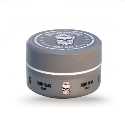 Recipiente cinzento com cera para cabelo Aqua Wax Gray e ilustração de homem com barba