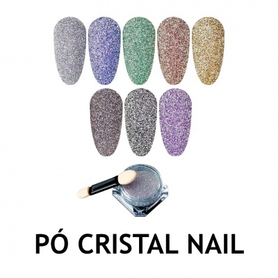 Sete unhas postiças com glitter colorido, potinho de pó de glitter e aplicador