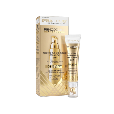 Produto cosmético Eveline DAury Remode Lift Therapy creme em embalagem e tubo dourados e brancos