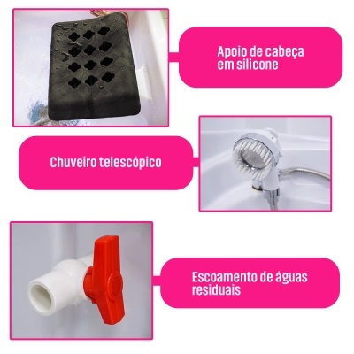 Apoio de cabeça em silicone preto, chuveiro telescópico branco com cabo e válvula vermelha para escoamento