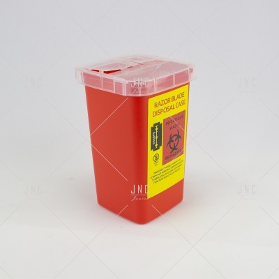 Recipiente vermelho para descarte de lâminas com tampa transparente e etiqueta amarela