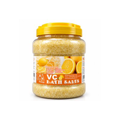 Frasco de sal de banho amarelo com rótulo laranja e imagens de limões