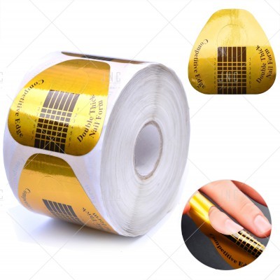 Rolo de moldes dourados para unhas em gel com texto e linhas pretas