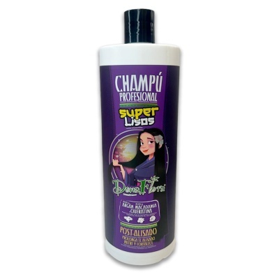 Champô profissional super lisos em embalagem branca com rótulo roxo e ilustração de mulher com cabelo liso
