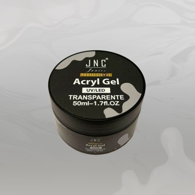 Frasco preto pequeno de gel acrílico transparente JNC 50ml sobre fundo claro
