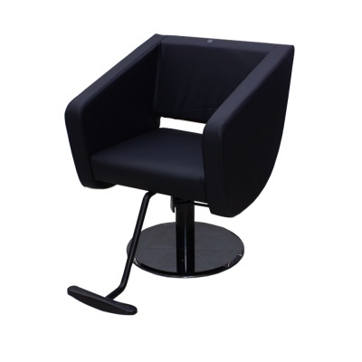 Cadeira de cabeleireiro preta com base redonda e apoio para os pés